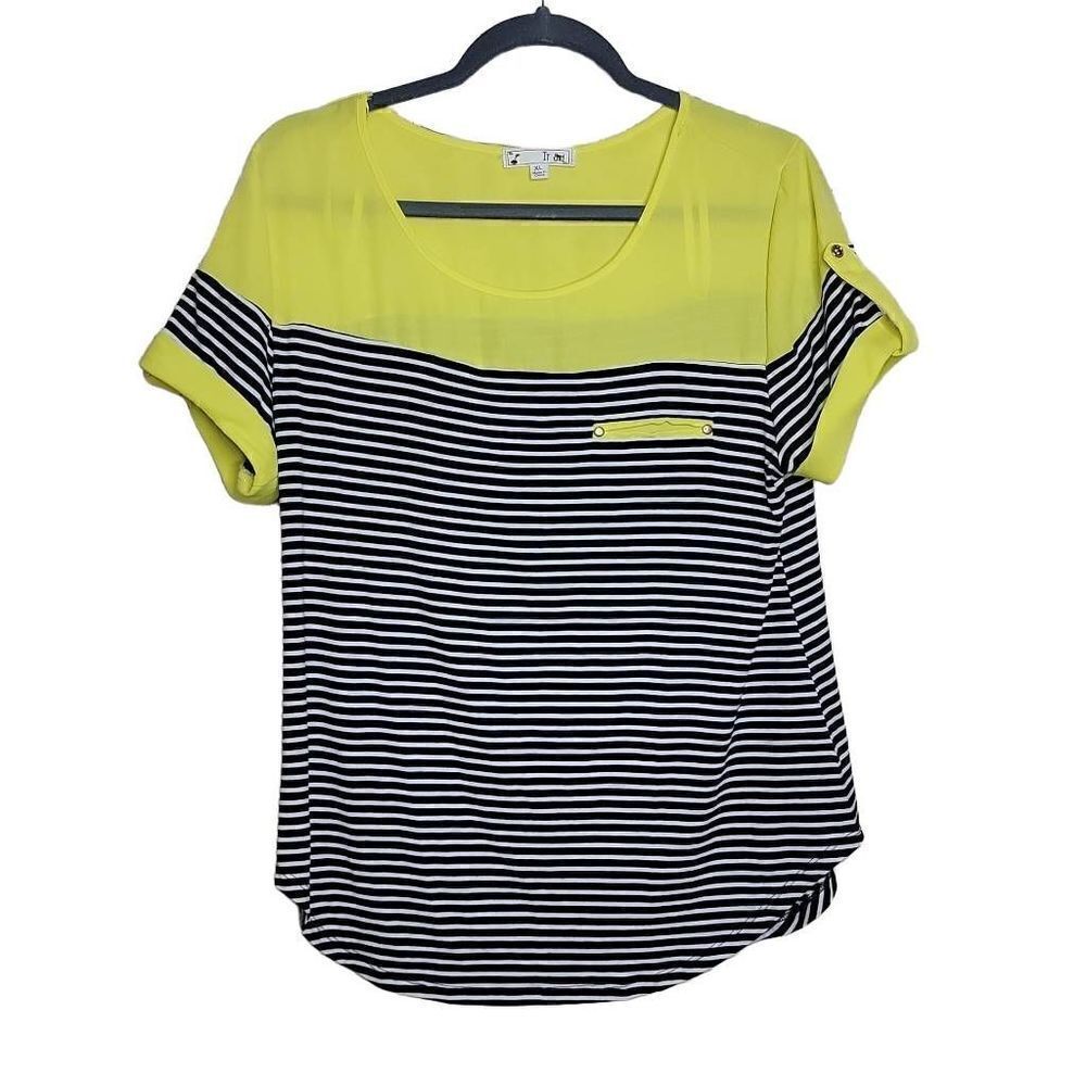 It Girl Short Sleeve Stripe Colorblock Mixed Media Top Yellow Black